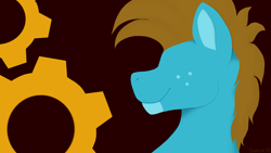 Size: 1920x1080 | Tagged: safe, artist:sursiq, imported from derpibooru, oc, oc only, oc:carbon, pegasus, pony, background, brown mane, freckles, gears, male, no eyes, pegasus oc, profile, profile view, simple, smiling, solo, stallion, wallpaper, watermark, wings