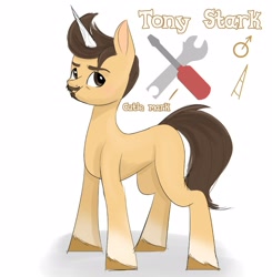 Size: 1569x1600 | Tagged: safe, artist:shamone, imported from derpibooru, pony, unicorn, cutie mark, facial hair, g5, horn, iron man, male, marvel, ponified, reference, simple background, solo, stallion, the avengers, tony stark, white background