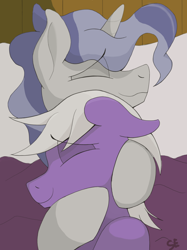 Size: 2256x3010 | Tagged: safe, artist:sefastpone, imported from derpibooru, silver script, star bright, pegasus, pony, unicorn, bed, cuddling, digital art, eye clipping through hair, eyes closed, floppy ears, gay, high res, horn, male, pillow, shipping, smiling, stallion, starscript