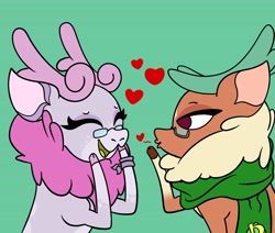 Size: 3712x3155 | Tagged: safe, artist:alpaca_arts, imported from derpibooru, cashmere (tfh), oc, oc:mohair, deer, reindeer, them's fightin' herds, blowing a kiss, canon x oc, community related, couple, cute, eyes closed, female, green background, heart, high res, lesbian, mocash, shipping, simple background, tfh oc