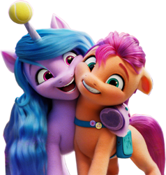 Size: 984x1035 | Tagged: safe, edit, imported from derpibooru, izzy moonbow, sunny starscout, earth pony, pony, unicorn, background removed, ball, cheek squish, cheek to cheek, duo, female, g5, horn, hornball, izzy's tennis ball, looking at you, mare, personal space invasion, side hug, simple background, smiling, squishy cheeks, tennis ball, transparent background, underhoof