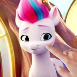 Size: 848x848 | Tagged: safe, edit, edited screencap, imported from derpibooru, screencap, zipp storm, earth pony, human, pegasus, pony, spoiler:my little pony: a new generation, 3d, disembodied hand, female, finger, g5, hand, imminent boop, mare, my little pony: a new generation