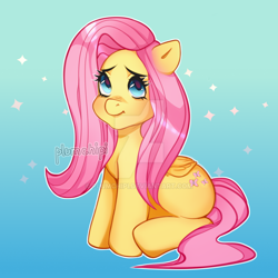 Size: 1280x1280 | Tagged: safe, artist:plumchipi, imported from derpibooru, fluttershy, pegasus, pony, abstract background, deviantart watermark, female, folded wings, gradient background, looking away, looking up, mare, obtrusive watermark, outline, sitting, smiling, solo, sparkles, three quarter view, watermark, white outline, wings