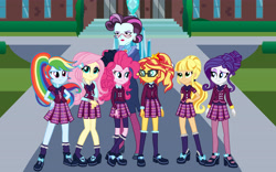 Size: 5500x3438 | Tagged: safe, artist:ktd1993, imported from derpibooru, applejack, fluttershy, pinkie pie, principal abacus cinch, rainbow dash, rarity, sunset shimmer, equestria girls, friendship games, alternate universe, brainwashed, clothes, crystal prep academy uniform, humane five, school uniform