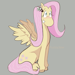 Size: 2000x2000 | Tagged: safe, artist:fuzzyjaw, imported from derpibooru, fluttershy, pegasus, pony, blushing, butterfly hairpin, female, gray background, grin, hair accessory, high res, looking at you, mare, simple background, sitting, smiling, solo, spread wings, three quarter view, unshorn fetlocks, wings