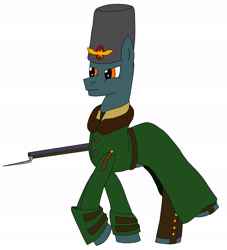 Size: 2727x3004 | Tagged: safe, artist:timejumper, imported from derpibooru, oc, oc only, earth pony, pony, series:soldiers of the coalition, bayonet, boots, clothes, fur hat, gaelic winter guard, gun, hat, high res, republic of gaul, rifle, shoes, soldier, solo, trenchcoat, weapon, winter guard