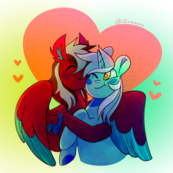 Size: 1600x1600 | Tagged: safe, artist:1racat, imported from derpibooru, lyra heartstrings, oc, oc:razzmatazz gleam, bat pony, hybrid, pegasus, pony, unicorn, canon x oc, duo, eyes closed, female, hug, lesbian, one eye closed, smiling