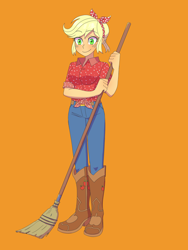 Size: 1620x2160 | Tagged: safe, artist:haibaratomoe, imported from derpibooru, applejack, equestria girls, equestria girls series, five to nine, boots, breasts, broom, busty applejack, country applejack, cute, jackabetes, orange background, shoes, simple background, smiling, solo