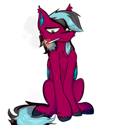 Size: 1018x1062 | Tagged: safe, artist:meaxtonly, imported from derpibooru, oc, oc only, oc:razzmatazz gleam, bat pony, hybrid, pegasus, pony, female, smoking, solo