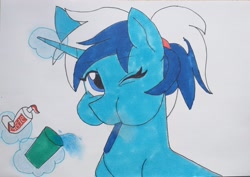 Size: 3856x2735 | Tagged: safe, artist:trivago#5960, imported from derpibooru, minuette, pony, unicorn, alternate hairstyle, brushie, brushie brushie, brushing teeth, colgate (company), cup, female, glowing horn, high res, horn, magic, mare, one eye closed, ponytail, solo, toothbrush, toothpaste, trace, traditional art