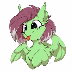 Size: 3500x3500 | Tagged: safe, artist:airfly-pony, imported from derpibooru, oc, oc only, oc:watermelon success, pegasus, pony, :p, bust, cheek fluff, chest fluff, commission, ear fluff, female, fluffy, freckles, high res, mare, pegasus oc, signature, simple background, solo, spread wings, tongue out, white background, wings, ych result