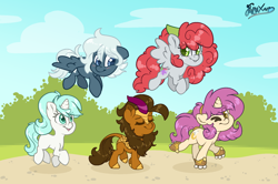 Size: 5682x3780 | Tagged: safe, artist:fluffyxai, imported from derpibooru, oc, oc only, oc:earthern spark, oc:nine the divine, oc:quick glow, oc:scenic spatter, oc:stratus, kirin, pegasus, pony, unicorn, absurd resolution, blushing, chibi, flying, looking at someone, looking at you, one eye closed, outdoors, roller skates, spread wings, walking, wings, wink, winking at you