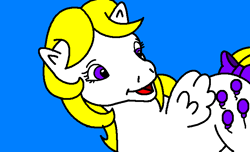 Size: 709x431 | Tagged: safe, artist:superman64, imported from derpibooru, surprise, pegasus, pony, adoraprise, blue background, bow, cute, female, g1, g4 to g1, generation leap, mare, ms paint, open mouth, open smile, simple background, smiling, solo, surprise (g1), tail bow