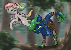 Size: 1000x700 | Tagged: safe, artist:joan-grace, imported from derpibooru, oc, oc only, oc:livia, oc:prism, dracony, dragon, hybrid, pegasus, pony, bag, duo, female, filly, flying, foot wraps, forest, interspecies offspring, mare, multicolored hair, offspring, outdoors, parent:rainbow dash, parent:rarity, parent:soarin', parent:spike, parents:soarindash, parents:sparity, racing, rainbow hair, running, saddle bag, tree, wings