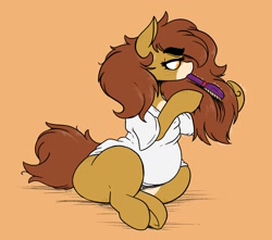 Size: 1709x1514 | Tagged: safe, artist:somefrigginnerd, imported from derpibooru, oc, oc only, oc:pencil test, earth pony, pony, annoyed, brush, brushing, chubby, clothes, female, freckles, holding, mare, mouth hold, plump, shirt, sitting, solo, thick eyebrows, underhoof