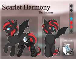 Size: 2000x1573 | Tagged: safe, artist:kianara, imported from derpibooru, oc, oc only, oc:sharpe, bat pony, pony, :p, bat pony oc, bat wings, chest fluff, choker, clothes, collar, commission, cutie mark, ear fluff, ear piercing, fangs, female, fishnets, freckles, heterochromia, looking at you, mare, piercing, raised hoof, red and black mane, red and black oc, reference sheet, smiling, socks, solo, spiked collar, spread wings, stockings, thigh highs, tongue out, wings