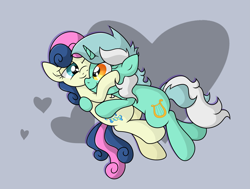 Size: 4087x3097 | Tagged: safe, artist:background basset, imported from derpibooru, bon bon, lyra heartstrings, sweetie drops, earth pony, pony, unicorn, abstract background, duo, female, floating, heart, hug, lesbian, lyrabon, one eye closed, shipping