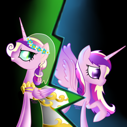 Size: 1280x1280 | Tagged: safe, artist:pixels-and-ponies, artist:princessfaeron, imported from derpibooru, princess cadance, queen chrysalis, pony, a canterlot wedding, clothes, disguise, disguised changeling, dress, duality, duo, duo female, female, mare, marriage, this day aria, wedding, wedding dress