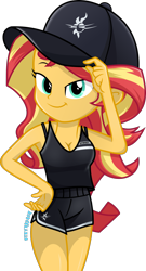 Size: 1000x1855 | Tagged: safe, artist:steyrrdash, imported from derpibooru, sunset shimmer, equestria girls, bra, bra strap, breasts, cap, cleavage, clothes, female, flanksy, hand on hip, hat, shorts, show accurate, solo, sports shorts, tanktop, tomboy, underwear, vector