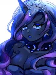 Size: 2000x2700 | Tagged: safe, artist:hanasakiyunarin, imported from derpibooru, nightmare moon, princess luna, human, equestria girls, breasts, busty princess luna, cleavage, crown, cutie mark accessory, ear piercing, earring, female, high res, horn, horned humanization, humanized, jewelry, lipstick, looking at you, piercing, pony coloring, regalia, simple background, solo, white background