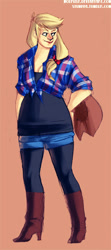 Size: 334x752 | Tagged: safe, artist:stumppa, artist:wolfself, imported from derpibooru, applejack, human, boots, brown background, cowboy boots, cowboy hat, female, hat, high heel boots, humanized, shoes, simple background, solo