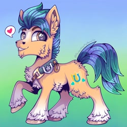 Size: 2048x2048 | Tagged: safe, artist:chocchippony, imported from derpibooru, hitch trailblazer, pony, blaze (coat marking), cheek fluff, chest fluff, coat markings, ear fluff, earrth pony, facial markings, g5, gradient background, heart, high res, hoof fluff, looking at you, male, pale belly, raised hoof, sash, smiling, socks (coat markings), solo, stallion, unshorn fetlocks