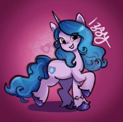 Size: 1193x1178 | Tagged: safe, artist:minadoodles, imported from derpibooru, izzy moonbow, pony, unicorn, bracelet, cute, female, g5, izzybetes, jewelry, looking at you, mare, open mouth, raised hoof, solo, unshorn fetlocks