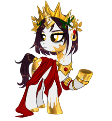 Size: 2500x2700 | Tagged: safe, artist:rowcliffe, imported from derpibooru, oc, oc only, oc:princess marigold, pony, unicorn, bracelet, crown, ear piercing, earring, eyeshadow, female, gem, gold, high res, horn, horn ring, jewelry, makeup, mare, midas touch, piercing, raised hoof, regalia, ring, ruby, simple background, solo, white background