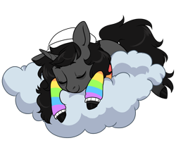 Size: 1230x1000 | Tagged: safe, artist:lavvythejackalope, imported from derpibooru, oc, oc only, pony, unicorn, beanie, clothes, cloud, commission, eyes closed, hat, horn, on a cloud, simple background, sleeping, solo, transparent background, unicorn oc, ych result