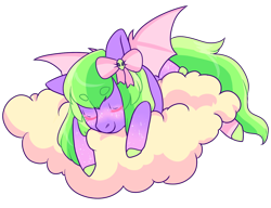 Size: 1300x1000 | Tagged: safe, artist:lavvythejackalope, imported from derpibooru, oc, oc only, bat pony, pony, bat pony oc, bat wings, bow, cloud, colored hooves, commission, eyes closed, hair bow, on a cloud, simple background, sleeping, solo, transparent background, wings, ych result