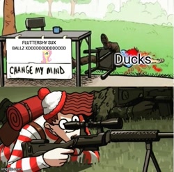 Size: 505x499 | Tagged: safe, imported from derpibooru, fluttershy, blood, gun, op is a duck (reaction image), rifle, sniper rifle, waldo, weapon, where's waldo