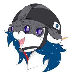 Size: 1064x1105 | Tagged: safe, oc:nasapone, pony, excited, goggles, happy, helmet, nasa, night vision goggles, open mouth, simple background, smiling, wip