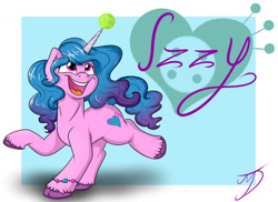 Size: 1024x745 | Tagged: safe, artist:takutanuvataio, imported from derpibooru, izzy moonbow, pony, unicorn, ball, blue background, cutie mark, female, g5, hornball, izzy's tennis ball, mare, signature, simple background, solo, tennis ball, text