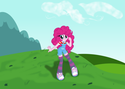 Size: 12347x8745 | Tagged: safe, artist:dtavs.exe, artist:shadowhawx95, imported from derpibooru, pinkie pie, equestria girls, absurd resolution, breasts, busty pinkie pie, clothes, colored, grin, happy, looking at you, overalls, smiling, socks, solo, striped legwear, thigh highs