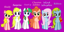 Size: 871x439 | Tagged: safe, artist:musicalpony67, applejack, cherries jubilee, fluttershy, gusty, pinkie pie, rainbow dash, rarity, ribbon (g1), shady, surprise, twilight sparkle, wind whistler, earth pony, pegasus, pony, unicorn, adoraprise, cherries cuteilee, cute, female, g1, g1 shadybetes, g1 to g4, g4, generation leap, gustybetes, magenta background, mane six, mare, ribbondorable, simple background, whistlerbetes