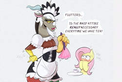 Size: 2389x1604 | Tagged: safe, anonymous editor, artist:another_pony, edit, imported from twibooru, discord, fluttershy, draconequus, pegasus, pony, blushing, clothes, dialogue, duster, eris, female, french maid, hooves on mouth, image, implied erishy, implied lesbian, implied shipping, lesbian, lidded eyes, maid, maid discord, needs more jpeg, nipples, nudity, rule 63, twibooru exclusive, wide eyes