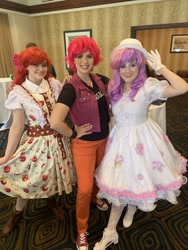 Size: 1536x2048 | Tagged: safe, artist:maddymoiselle, artist:sarahndipity cosplay, artist:shelbeanie, imported from derpibooru, apple bloom, scootaloo, sweetie belle, human, clothes, converse, cosplay, costume, cutie mark crusaders, everfree northwest, everfree northwest 2019, gloves, hand on hip, irl, irl human, photo, shoes