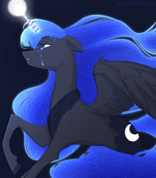 Size: 1280x1458 | Tagged: safe, artist:syrupyyy, imported from derpibooru, princess luna, alicorn, pony, backwards cutie mark, crying, female, glowing horn, horn, jewelry, magic, mare, regalia, sad, solo