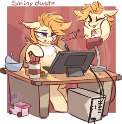 Size: 1257x1278 | Tagged: safe, artist:draw_the_stars, artist:drawtheuniverse, imported from derpibooru, oc, oc only, pegasus, pony, :p, chest fluff, computer, desk lamp, floppy ears, sitting, solo, tablet, tongue out