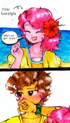 Size: 1924x3370 | Tagged: safe, artist:liaaqila, imported from derpibooru, cheese sandwich, pinkie pie, human, alternate hairstyle, beach, blushing, cheesepie, cute, fanart, female, flower, flower in hair, humanized, male, shipping, straight