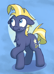 Size: 950x1300 | Tagged: safe, artist:litrojia, imported from derpibooru, star tracker, earth pony, pony, abstract background, cheek fluff, chest fluff, floppy ears, looking away, male, nervous, scrunchy face, shrunken pupils, solo