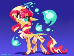 Size: 3125x2387 | Tagged: safe, artist:nekosnicker, imported from derpibooru, sunset shimmer, classical unicorn, pony, unicorn, equestria girls, cloven hooves, high res, leonine tail, magic, solo, unshorn fetlocks