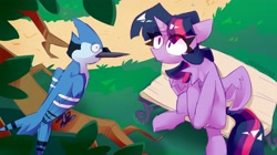 Size: 4096x2301 | Tagged: safe, artist:nekosnicker, imported from derpibooru, twilight sparkle, alicorn, bird, blue jay, pony, bench, chest fluff, crossover, crossover shipping, female, male, mordecai, mordetwi, regular show, shipping, sitting, straight, tree branch, twilight sparkle (alicorn)