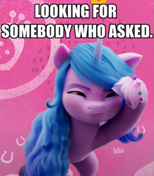 Size: 567x650 | Tagged: safe, imported from derpibooru, izzy moonbow, pony, unicorn, spoiler:g5, spoiler:my little pony: a new generation, caption, cropped, g5, image macro, meme, my little pony: a new generation, narrowed eyes, reaction image, searching, solo, squint, text