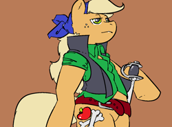 Size: 1139x839 | Tagged: safe, artist:machv99, imported from derpibooru, oc, oc only, earth pony, semi-anthro, bandana, belt, clothes, female, freckles, lidded eyes, mare, pirate, requested art, shirt, simple background, solo, sword, vest, weapon