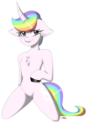 Size: 1719x2435 | Tagged: safe, artist:melodytheartpony, imported from derpibooru, oc, anthro, pony, unicorn, blushing, commission, cute, featureless crotch, feral, furry, male, pretty, rainbow, smiling, ych result, your character here