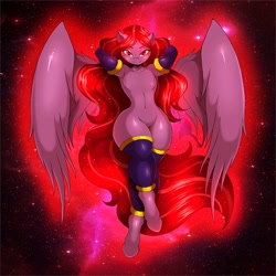 Size: 1080x1080 | Tagged: safe, artist:suirano, imported from derpibooru, oc, oc only, oc:seraphic crimson, anthro, pegasus, unguligrade anthro, arm behind head, armpits, barbie doll anatomy, bedroom eyes, clothes, commission, digital art, evening gloves, featureless crotch, femboy, gloves, ken doll anatomy, long gloves, looking at you, male, nudity, socks, solo, solo male, spread wings, stockings, tail, thigh highs, thighs, wings