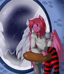 Size: 960x1105 | Tagged: safe, artist:suirano, imported from derpibooru, oc, oc only, oc:seraphic crimson, anthro, pegasus, bedroom eyes, chair, clothes, commission, digital art, male, shirt, sitting, socks, solo, spread wings, stockings, table, tail, thigh highs, thighs, window, wings