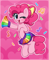 Size: 3752x4581 | Tagged: safe, artist:kittyrosie, imported from derpibooru, pinkie pie, earth pony, pony, blushing, cheerleader, cheerleader outfit, cheerleader pinkie, clothes, cute, diapinkes, female, looking at you, mare, music notes, one eye closed, open mouth, open smile, redraw, smiling, smiling at you, solo, wink, winking at you