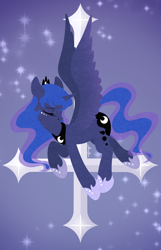 Size: 2600x4032 | Tagged: safe, artist:aimmeblue, imported from derpibooru, princess luna, alicorn, pony, beautiful, beautiful wings, butt, colored, cross, crown, cute, digital art, dream walker luna, dreamscape, eyelashes, eyes closed, female, flying, high res, hip, holy, hoof shoes, horn, inverted cross, jewelry, lunabetes, majestic, mare, moonbutt, night, night sky, peytral, raised hoof, regalia, sky, solo, spread wings, stars, sweet dreams fuel, weapons-grade cute, wing fluff, wings